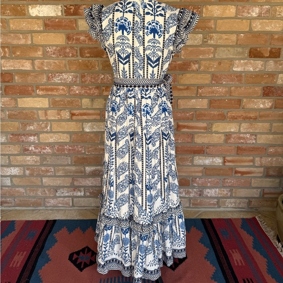NEW A loves A Floral Block Print Ruffle Tiered Maxi Dress Blue Multi Medium - Picture 4 of 8